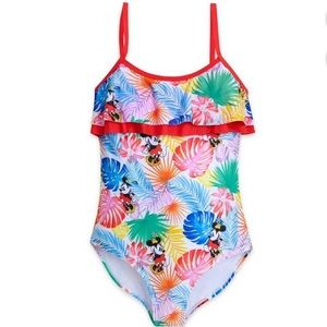 Disney M Minnie Mouse Swimsuit One Piece Vivid Tropical Print Swim Ruffles Surf